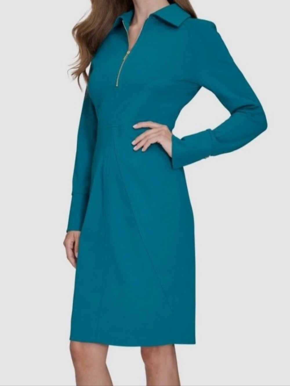 HALSTON Teal Zip-Front Long-Sleeve Sheath Dress